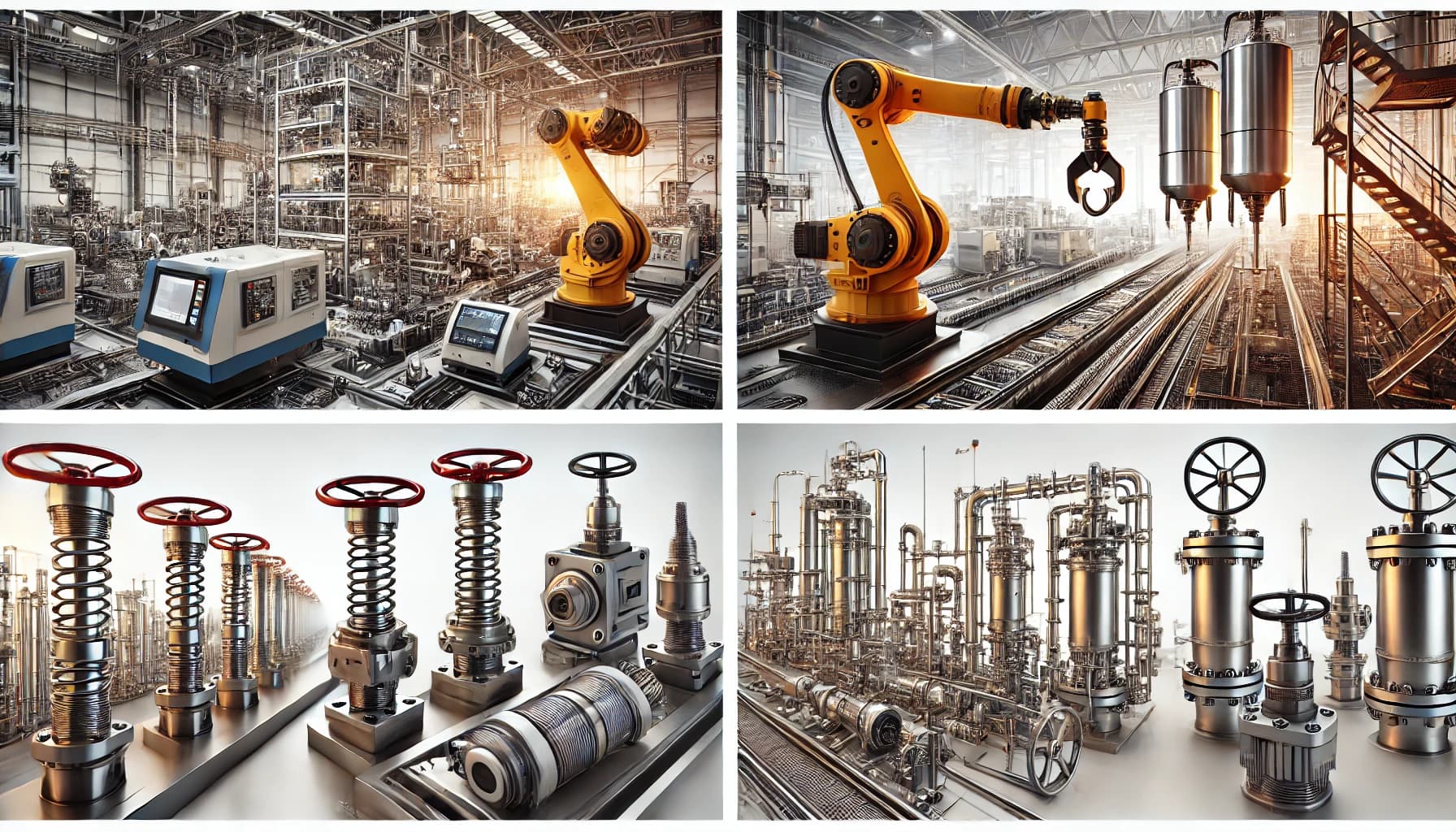 Pnömatik aktüatör yaylarının otomasyon sistemleri, valf kontrol mekanizmaları, makine ekipmanları ve enerji sektöründeki kullanım alanlarını gösteren endüstriyel görsel. Yaylar, yüksek hassasiyetle hareket kontrolü sağlar.